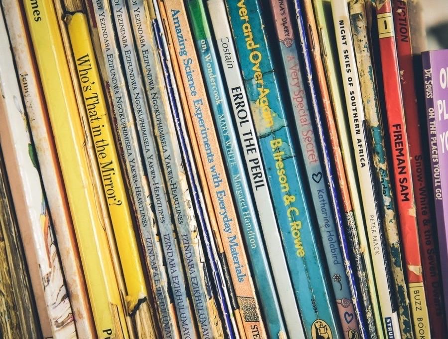 A tightly packed row of children's picture books seen along their spines.