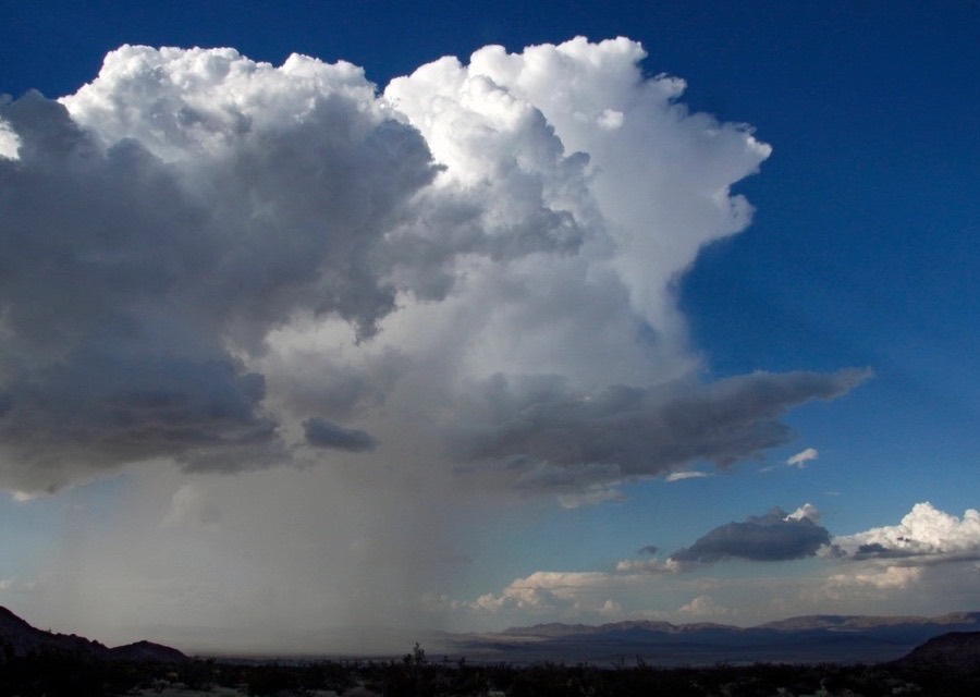 A tall storm cloud building over a distant landscape, rain falling beneath it.